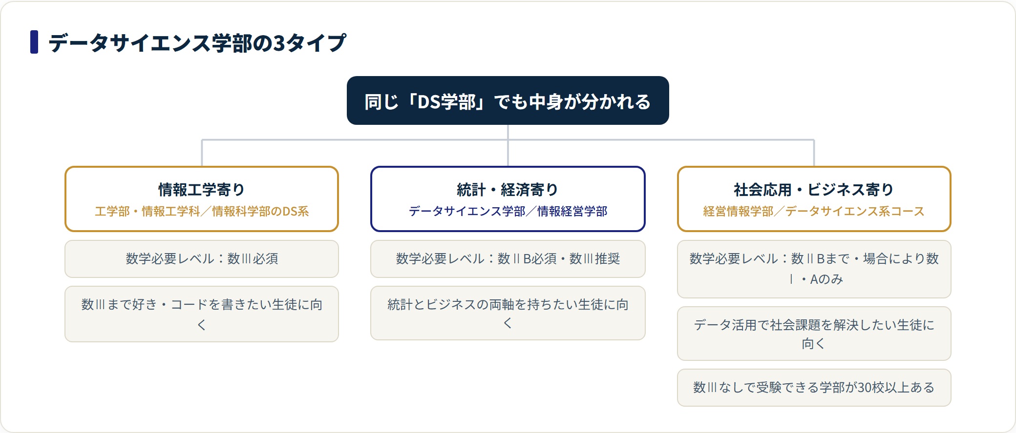 データサイエンス学部を情報工学寄り・統計経済寄り・社会応用寄りの3タイプに分類した図。