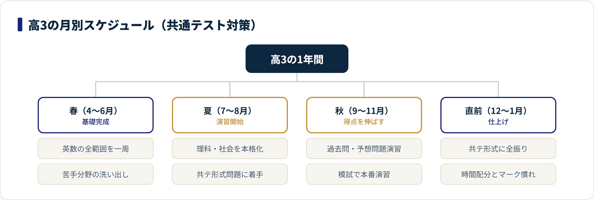 高3の1年間を春の基礎完成、夏の演習開始、秋の得点アップ、直前期の仕上げの4段階に分けた月別スケジュール