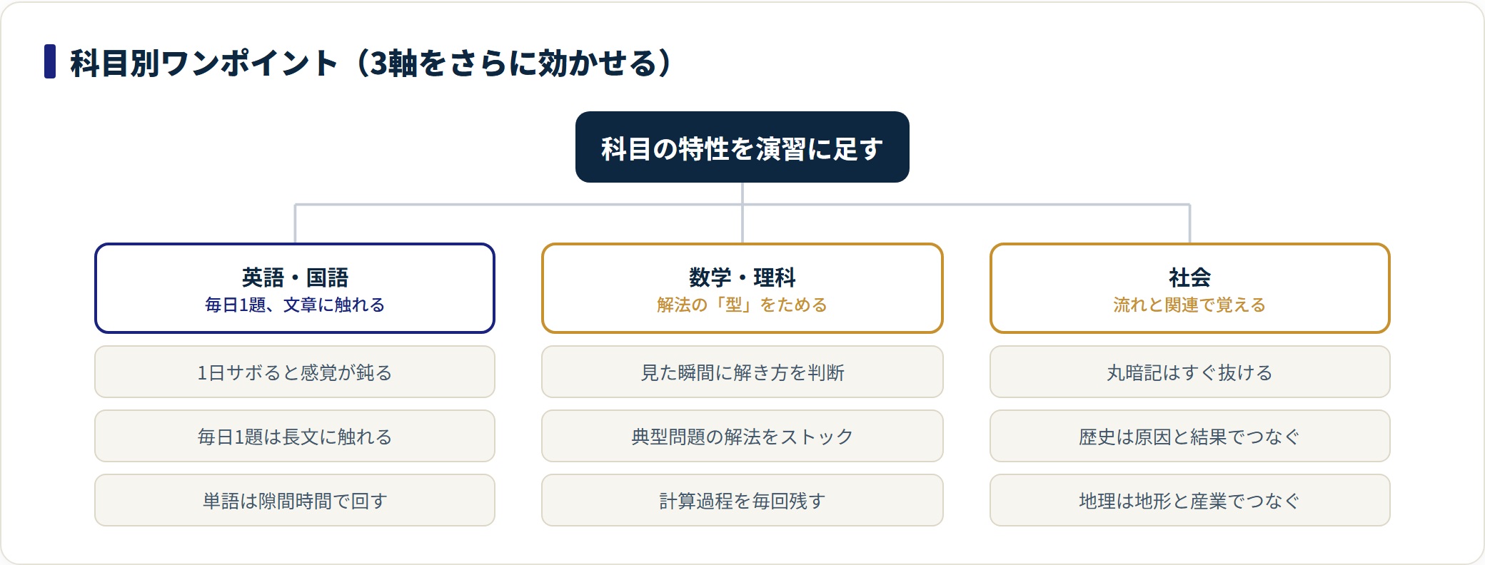 科目別のワンポイントを英語国語・数学理科・社会に分けて示した図。