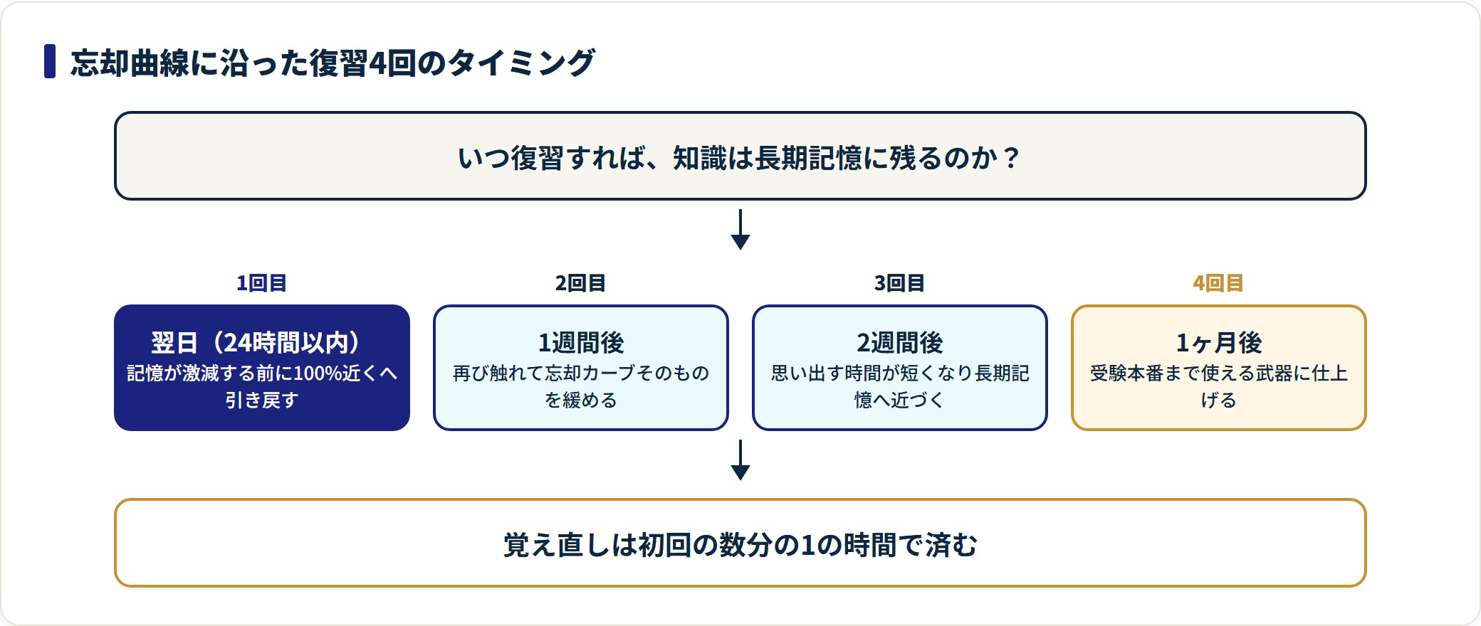 翌日・1週間後・2週間後・1ヶ月後の4回で復習し知識を長期記憶に残す、忘却曲線に沿ったスケジュールを示した図。