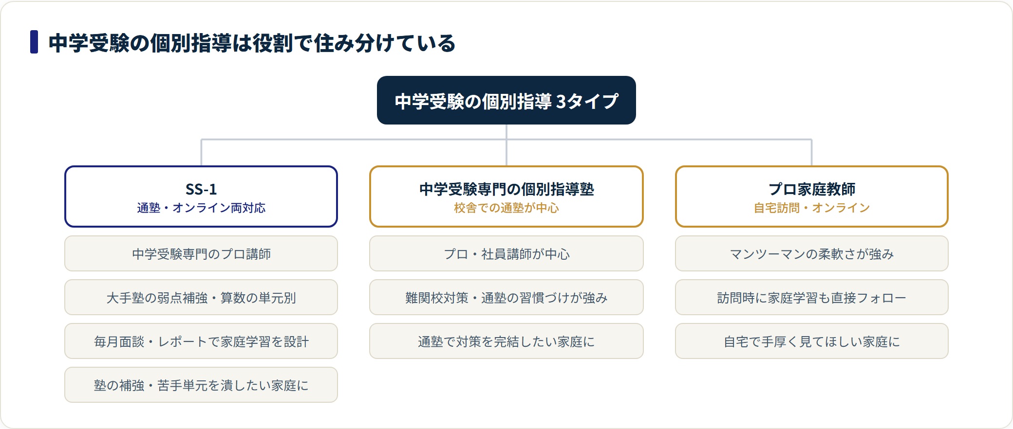 SS-1は大手塾の補強、専門個別塾は通塾で完結、プロ家庭教師は自宅での手厚い伴走と役割が異なる